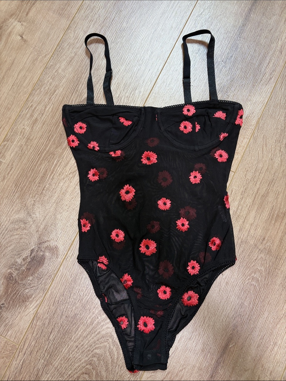 Princess Polly Black Mesh Bodysuit with Red Floral Embroidery